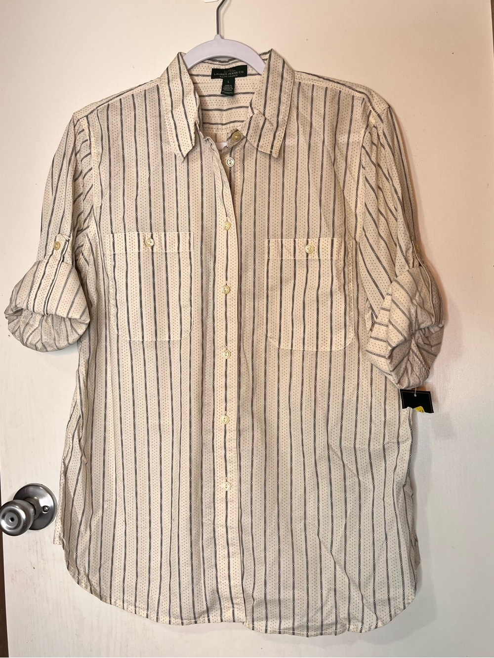 Ralph Lauren Cream Button-Down Shirt with Navy Stripes